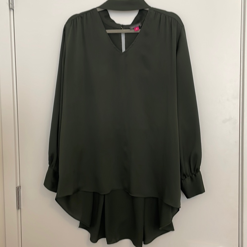 Vince Camuto High Low Choker Tunic Blouse Olive Green